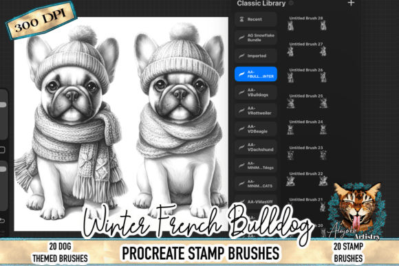 Winter French Bulldog Procreate Stamp: Cozy Canine Illustrations